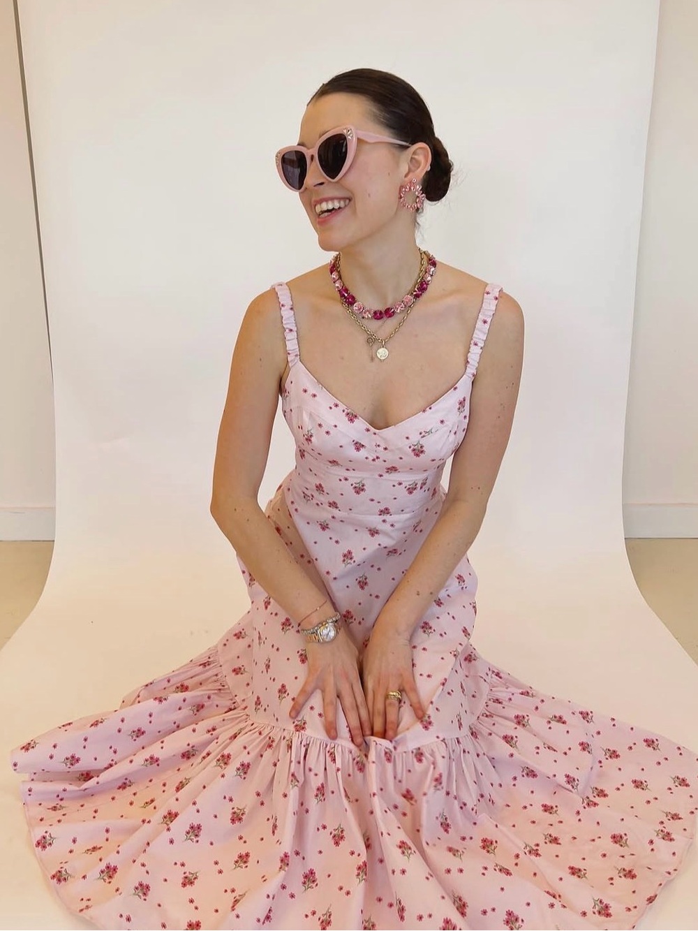 Hill House Solange Pink Ditsy Floral Satin Slip Dress